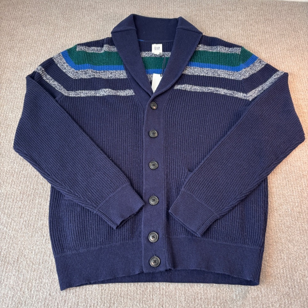 Gap Mens Merino Wool Blend Shawl Collar Cardigan Sweater Navy Blue Striped L NEW